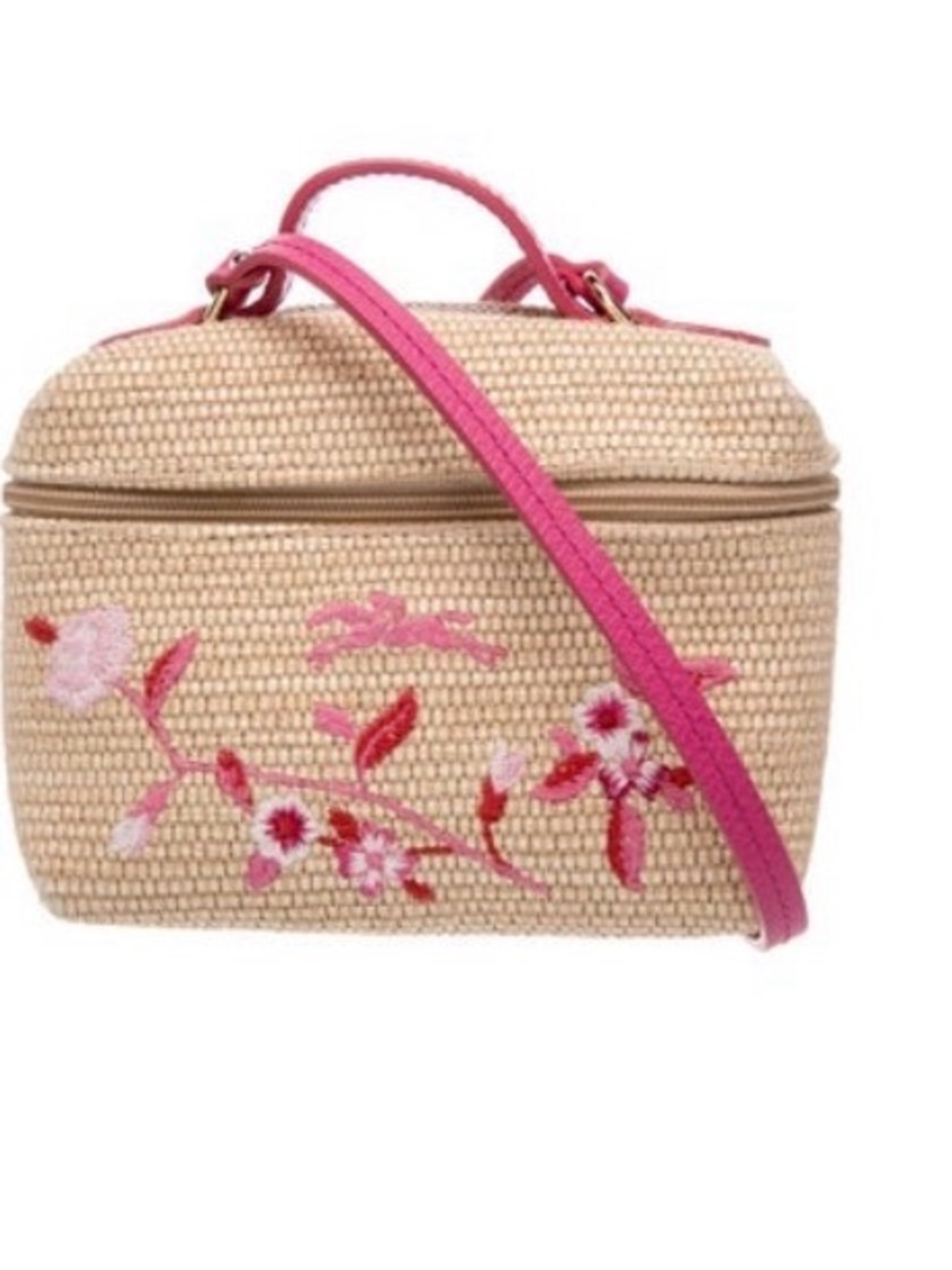 Longchamp Straw Crossbody Bag with Pink Floral Embroidery
